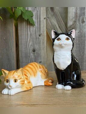 Staffordshire England Just Cats & Co. Ceramic Cat Pair Tuxedo, Orange Striped